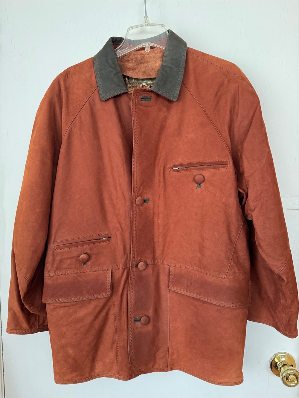 Vera Pelle Men’s Italian Suede Cognac Color Coat with Dark Green Collar. Size 50 - Picture 3 of 11